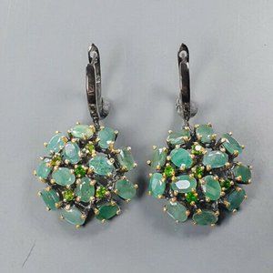 Natural emerald dome dangle earrings in sterling silver 925